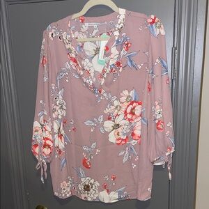 Collective Concepts Dusty Mauve Floral V-Neck Tie-Sleeve Blouse